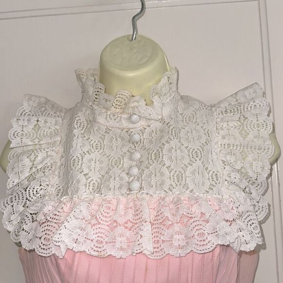 Vintage 60s/70s High Neck White Lace Pink Chiffon Pleated Prom Dress - Picture 2 of 9